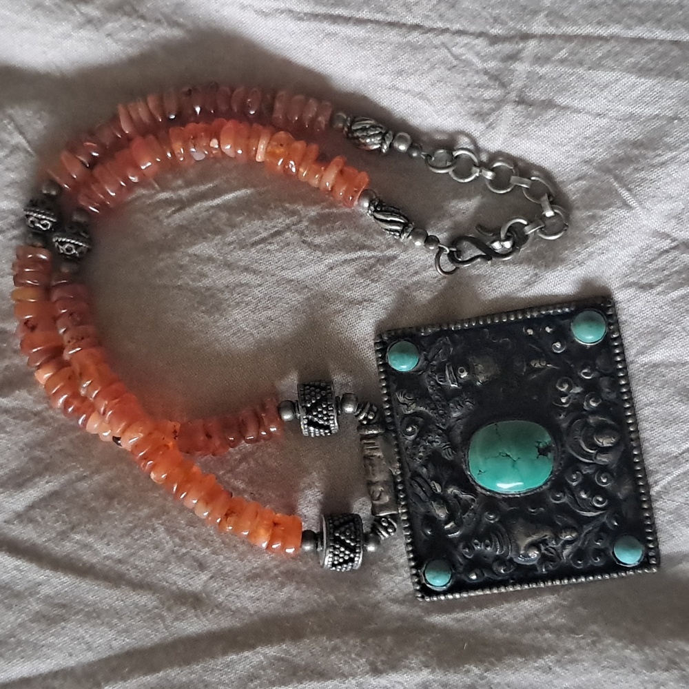 Silver, Turquoise and Carnelian Necklace